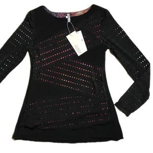 LINDI Black Perforated Long Sleeve Blouse NWT S